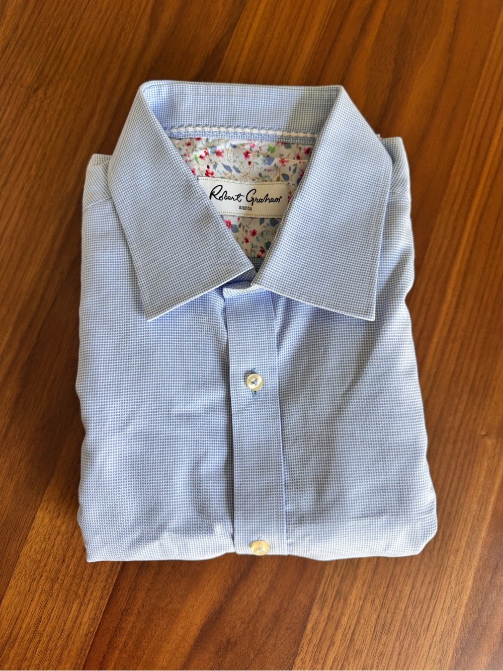 Robert Graham Pale Blue Men's Dress Shirt with Floral Trim